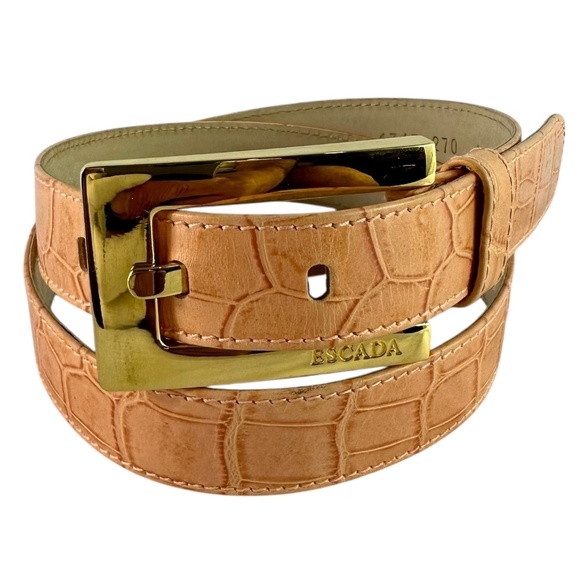 Genuine Vintage ESCADA Logo Salmon Pink Croc Leather Belt Size 30 Made In Italy - Picture 1 of 10